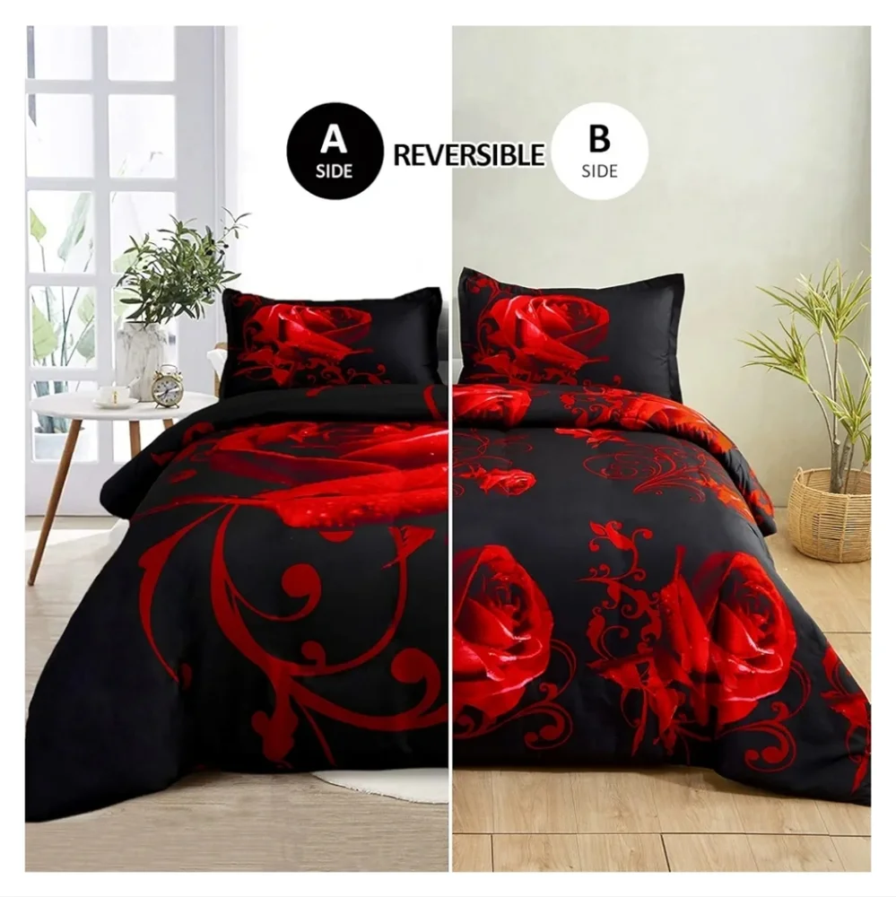WONGS BEDDING Reversible Red Rose Duvet Cover 3 Pieces with Zipper Closure